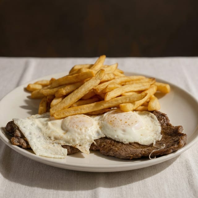 Bistec Y Huevos Fritos Con Papitas Fritas / Steak & Eggs with French Fries.