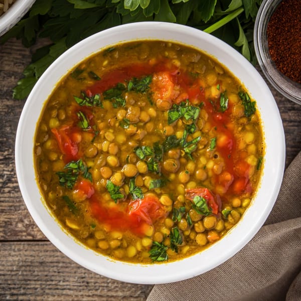 A white bowl of lentil soup with red sauce and green herbs on a wooden table.