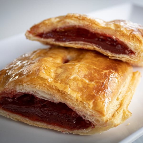 Two golden-brown guava pastries, one sliced open revealing the red fruit filling, on a white plate.