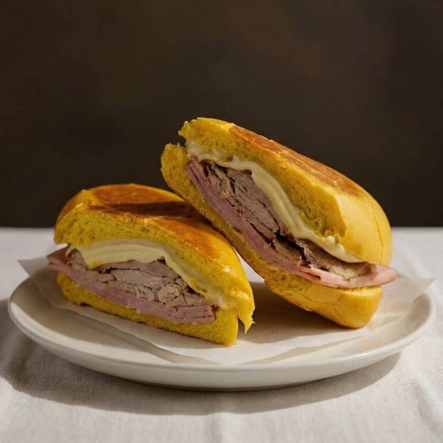 Media Noche, Jamon, Queso Suizo, y Puerco / Midnight Sandwich, Ham, Swiss Cheese & Pork.