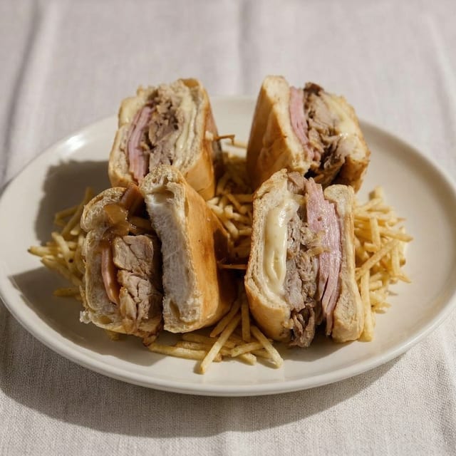 Cubano Especial, Jamon, Queso y Puerco Sandwich.