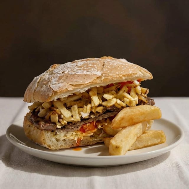 Pan con Bistec con Papas Fritas / Grilled Steak Sandwich with French Fries.