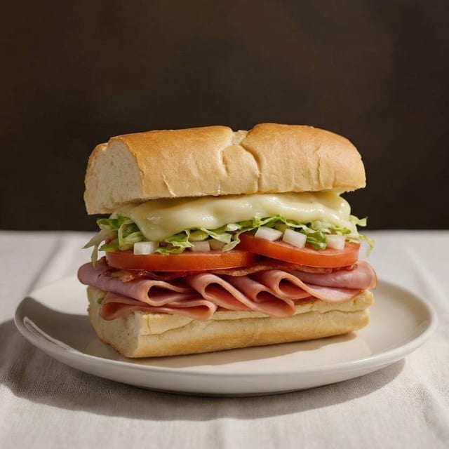 Sandwich Miami, Jamon, Queso, Pavo, Bacon, Lechuga y Tomate.